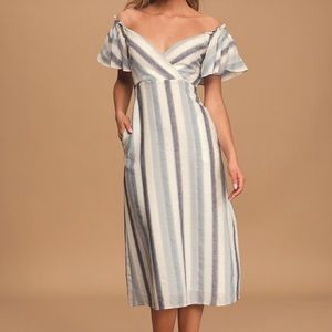 Lulu Blue & Cream Striped Off-Shoulder Midi Dress